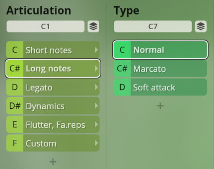 User interface for Studio Special Woodwinds software, displaying Articulation and Type settings for musical notes, with Long notes and Normal options selected.