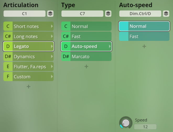 Graphical user interface for Studio Special Woodwinds software, displaying articulation, type, and auto-speed settings with options like Legato, Auto-speed, and Normal chosen.