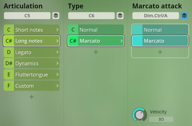 A screenshot from the Studio Special Woodwinds software showing articulation, type, and marcato attack settings with Long notes and Marcato selected, and velocity set to 80.