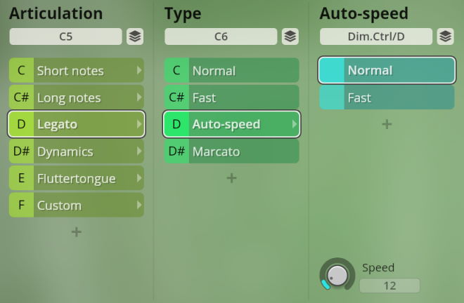 User interface showing Studio Special Woodwinds software settings for articulation type and auto-speed.