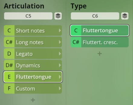 User interface for Studio Special Woodwinds software, displaying articulation settings with options like Short notes, Long notes, Legato, Dynamics, Fluttertongue, and Custom, alongside Type settings including Fluttertongue and Fluttert. cresc. for controlling musical performance.