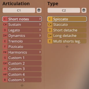User interface showing Studio Solo Strings Sordino articulation and type options, including short notes, sustain, legato, spiccato, and staccato settings.