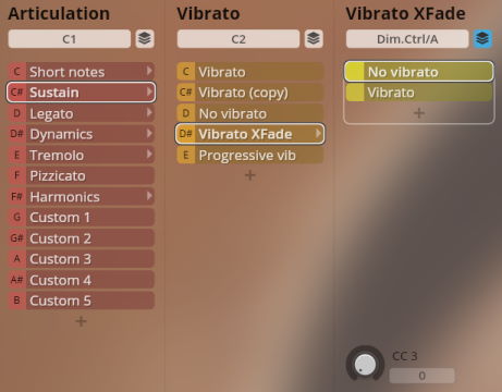 Screenshot of musical articulations and vibrato settings in Studio Solo Strings Sordino plugin, showing Sustain, Vibrato XFade, and No vibrato options, with control C1 for Articulation and C2 for Vibrato.