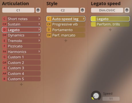 Software interface showing Studio Solo Strings Sordino articulation, style, and legato speed settings, with Legato selected in both Articulation and Legato speed menus.