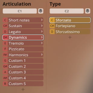 Software interface displaying articulation and type selection for solo string instruments, showing options like Legato, Dynamics, Pizzicato, Sforzato, and Fortepiano.