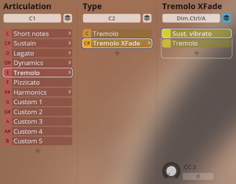 User interface showing articulation types for Studio Solo Strings Sordino with Tremolo selected.