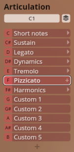 User interface showing articulation options for Studio Solo Strings Sordino, with Pizzicato highlighted.