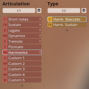 Software interface displaying articulation and type menus for Studio Solo Strings Sordino, with Harmonics selected under Articulation and options for Harm. Staccato and Harm. Sustain shown under Type.