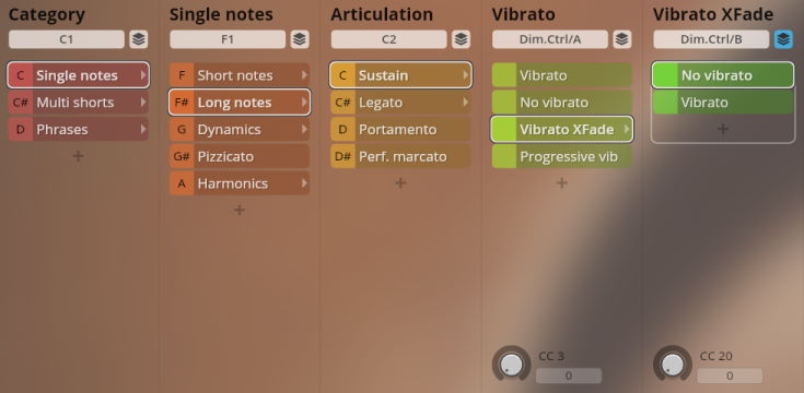 Vienna Symphonic Library Studio Solo Strings Sordino software interface vibrato controls with options for single notes, long notes, articulations, and vibrato types.
