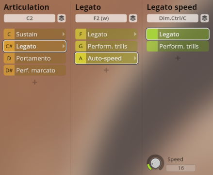 User interface for music software displaying options for articulation (Sustain, Legato, Portamento, Perf. marcato), legato type (Legato, Perform. trills, Auto-speed), and legato speed control with a dial and numeric value 16.