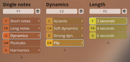 Screenshot of a musical software interface showing controls for Single notes like Short notes, Long notes, Dynamics, Pizzicato, Harmonics; Dynamics options like Accents, Soft dynamics, Strong dyn., Pfp; and Length options for 2 seconds, 4 seconds, 6 seconds. This interface is likely used for Studio Solo Strings Sordino.