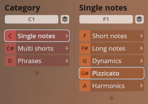 Screenshot of Studio Solo Strings Sordino software interface showing Category and Single notes options, with Pizzicato highlighted under Single notes.