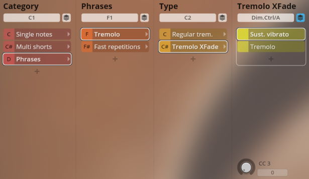 Graphical user interface of a music software with options for Solo Strings including categories like phrases, tremolo, and tremolo XFade for musical control.