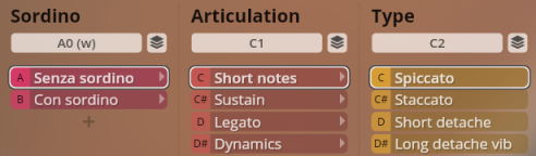 Digital user interface showing Sordino, Articulation, and Type options for Studio Solo Strings, including Con sordino and Senza sordino settings, along with articulation choices like Short notes, Legato, Spiccato, and Staccato.
