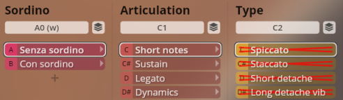 Software interface showing Sordino, Articulation, and Type options for solo strings. Sordino options include Senza sordino and Con sordino. Articulation options include Short notes, Sustain, Legato, and Dynamics. Type options, some crossed out, include Spiccato, Staccato, Short detache, and Long detache vib.