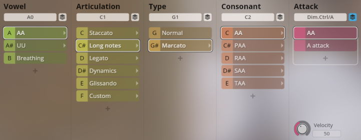 Studio Solo Voices interface displaying options for Vowel, Articulation, Type, Consonant, and Attack, highlighting selected choices like AA, Long Notes, Marcato, and AA from the Vienna Instruments software.