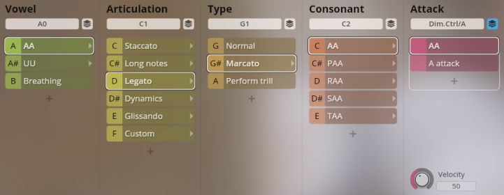 A screenshot of the Studio Solo Voices software interface, showing customizable parameters for Vowel, Articulation (Legato selected), Type (Marcato selected), Consonant, and Attack, illustrating sound shaping options for virtual instruments.