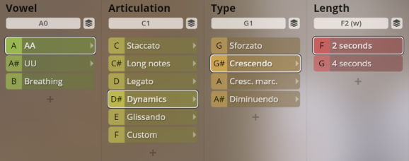 Vienna Instruments Studio Solo Voices interface displaying options for Vowel, Articulation, Type, and Length, with Dynamics and Crescendo highlighted.