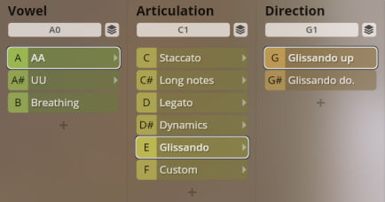 Vienna Instruments Studio Solo Voices interface showing Vowel, Articulation, and Direction sound settings with Glissando selected.