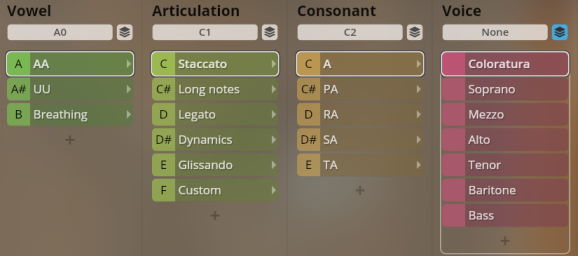 Studio Solo Voices interface displaying options for vowel, articulation, consonant, and voice type selections, including Coloratura, Soprano, and Tenor.