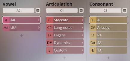 Studio Soprano Choir interface displaying Vowel, Articulation, and Consonant selection options like Staccato, Long notes, and Legato.