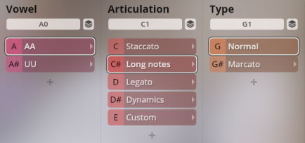 Studio Soprano Choir interface displaying Vowel Articulation and Type options with Long notes selected.