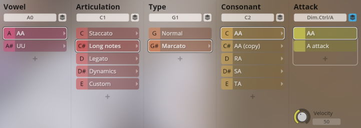 Studio Soprano Choir interface displaying selectable voice articulations, vowels, consonants, and attack types for musical sound production.