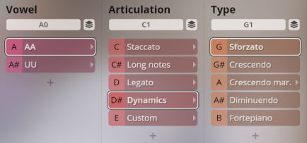 Software interface for Studio Soprano Choir showing Vowel, Articulation, and Type selection menus for sound customization.