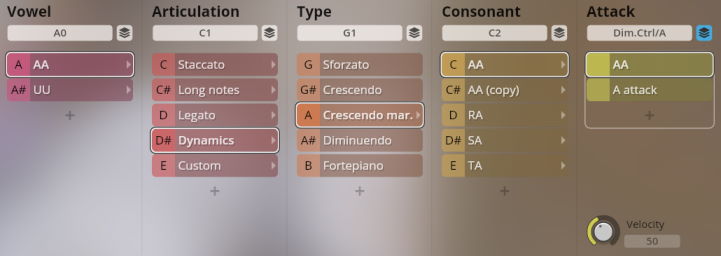 Vienna Instruments Studio Soprano Choir interface with Vowel, Articulation, Type, Consonant, and Attack parameters displayed, showing options like Crescendo mar and Dynamics.