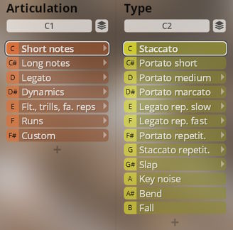User interface showing two columns for saxophone articulation selection: Short notes and Staccato are highlighted, along with options like Long notes, Legato, Portato, and Key noise.