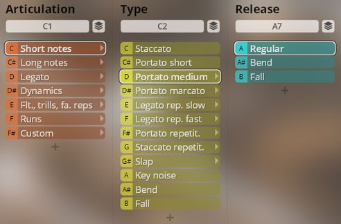 User interface displaying articulation, type, and release settings for Studio Saxophones virtual instrument, including options like short notes, staccato, portato medium, and regular release.