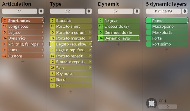 User interface displaying Studio Saxophones articulations, types like legato and staccato, dynamic control options including piano, mezzopiano, mezzoforte, forte, and fortissimo settings.