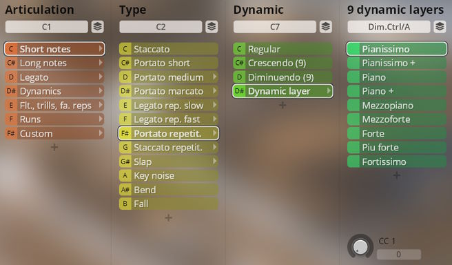 User interface displaying musical articulation, type, dynamic controls, and 9 dynamic layers with options like pianissimo, piano, and forte, for Studio Saxophones virtual instrument.