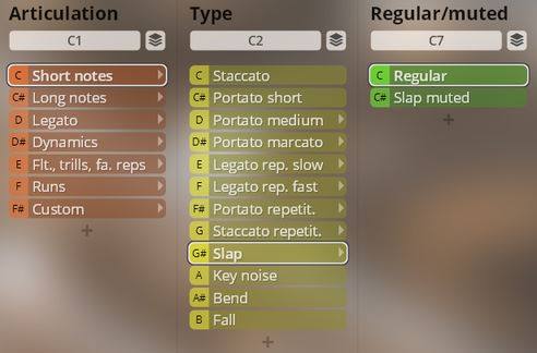 Studio Saxophones software interface displaying Articulation, Type, and Regular/muted sound categories, with options like Short notes, Long notes, Staccato, Legato, Slap, Regular, and Slap muted.