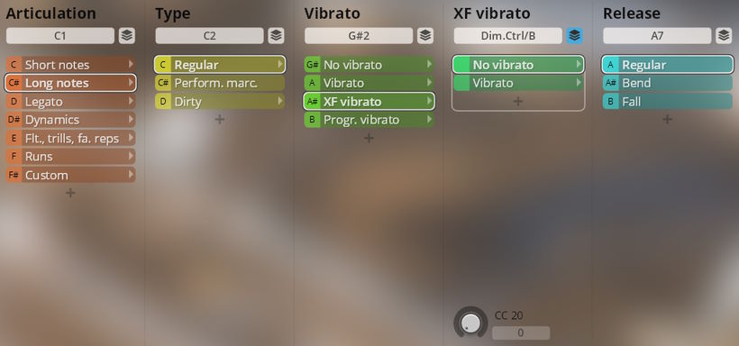 Studio Saxophones software interface showing articulation, type, vibrato, XF vibrato, and release settings, with Long notes selected under Articulation.