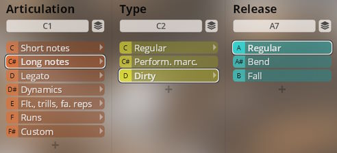 User interface from Studio Saxophones Vienna Instruments, displaying articulation, type, and release parameters for musical performance with options like long notes, dirty sounds, and bends.