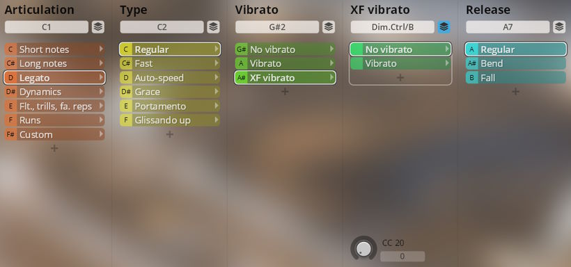 Software user interface showing articulation, type, vibrato, XF vibrato, and release settings for Studio Saxophones. Legato and XF vibrato are highlighted, demonstrating instrument sound shaping options.