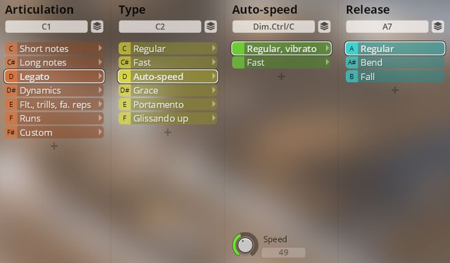 Software interface showcasing sound articulation, type, auto-speed, and release options for Studio Saxophones virtual instrument, with Legato and Auto-speed highlighted.