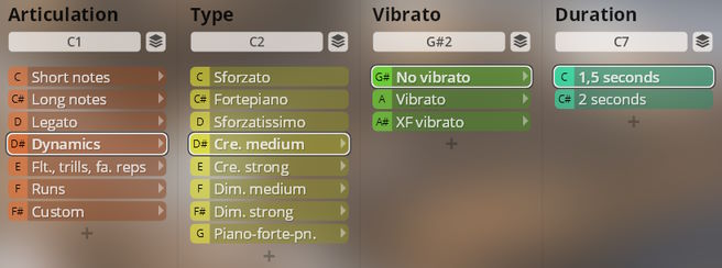Vienna Instruments Studio Saxophones software interface displaying articulation, type, vibrato, and note duration settings for musical sound control.