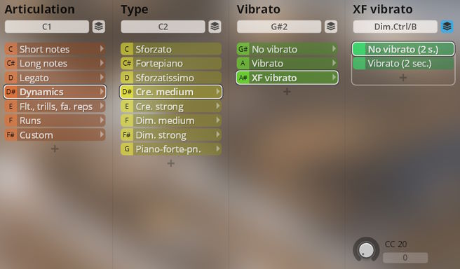 Studio Saxophones software interface displaying Articulation, Type, Vibrato, and XF vibrato parameters for sound customization.