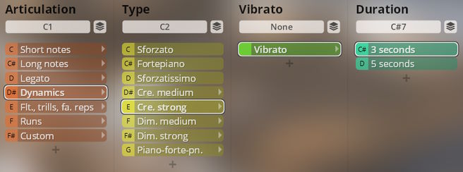 Studio Saxophones software interface showing detailed articulation, type, vibrato, and duration settings for instrument sounds.