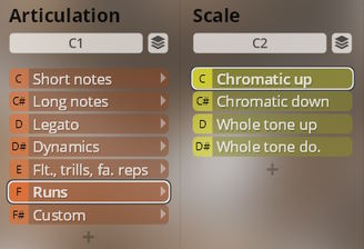 User interface screenshot displaying Articulation and Scale options for musical instrument software, featuring settings like Short notes, Long notes, Legato, Runs, Chromatic up, and Whole tone up.