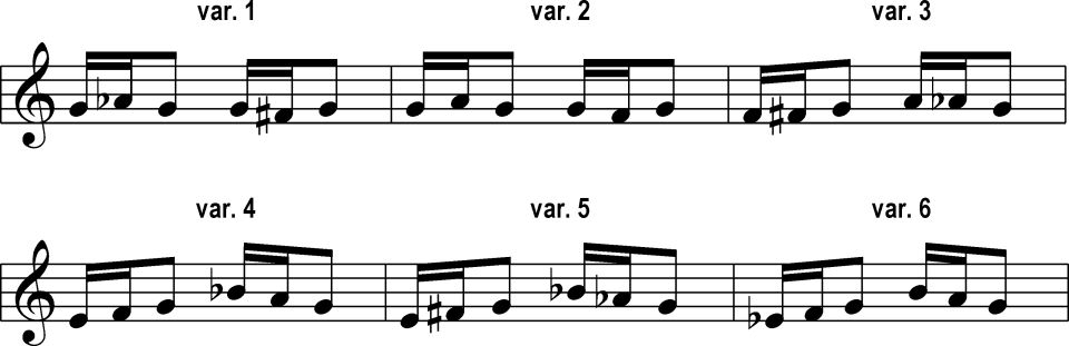 Musical notation showing six variations of a woodwind melody for Studio Woodwinds, labeled var. 1 through var. 6.