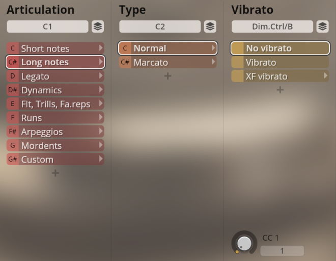 Studio Woodwinds interface showing articulation, type, and vibrato settings.