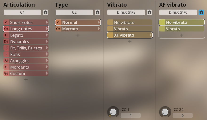 User interface displaying Studio Woodwinds articulation, type, and vibrato options for musical sound production.