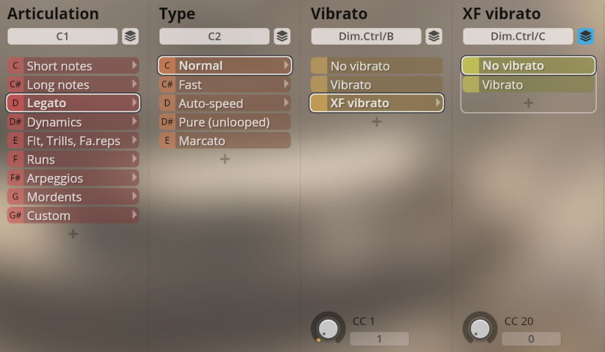 Studio Woodwinds plugin interface displaying articulation, type, vibrato, and XF vibrato settings with Legato, Normal, and No vibrato options selected.
