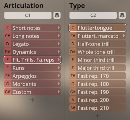 User interface showing Articulation and Type menus for Studio Woodwinds virtual instrument, with options like short notes, long notes, legato, dynamics, fluttertongue, and various trills.