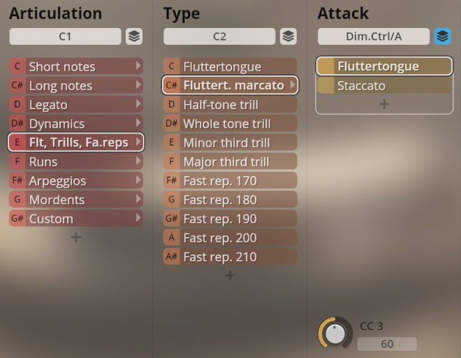 Studio Woodwinds musical instrument interface showing articulation, type, and attack controls with Fluttertongue and Staccato options selected.