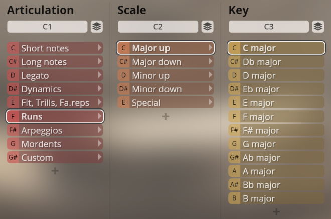 User interface showing Articulation, Scale, and Key options for Studio Woodwinds musical software, with C Major selected.