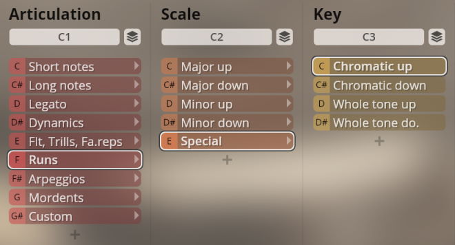 User interface for Studio Woodwinds showing selectable options for articulation like short notes, runs, arpeggios; scales including major and minor; and keys like chromatic and whole tone.